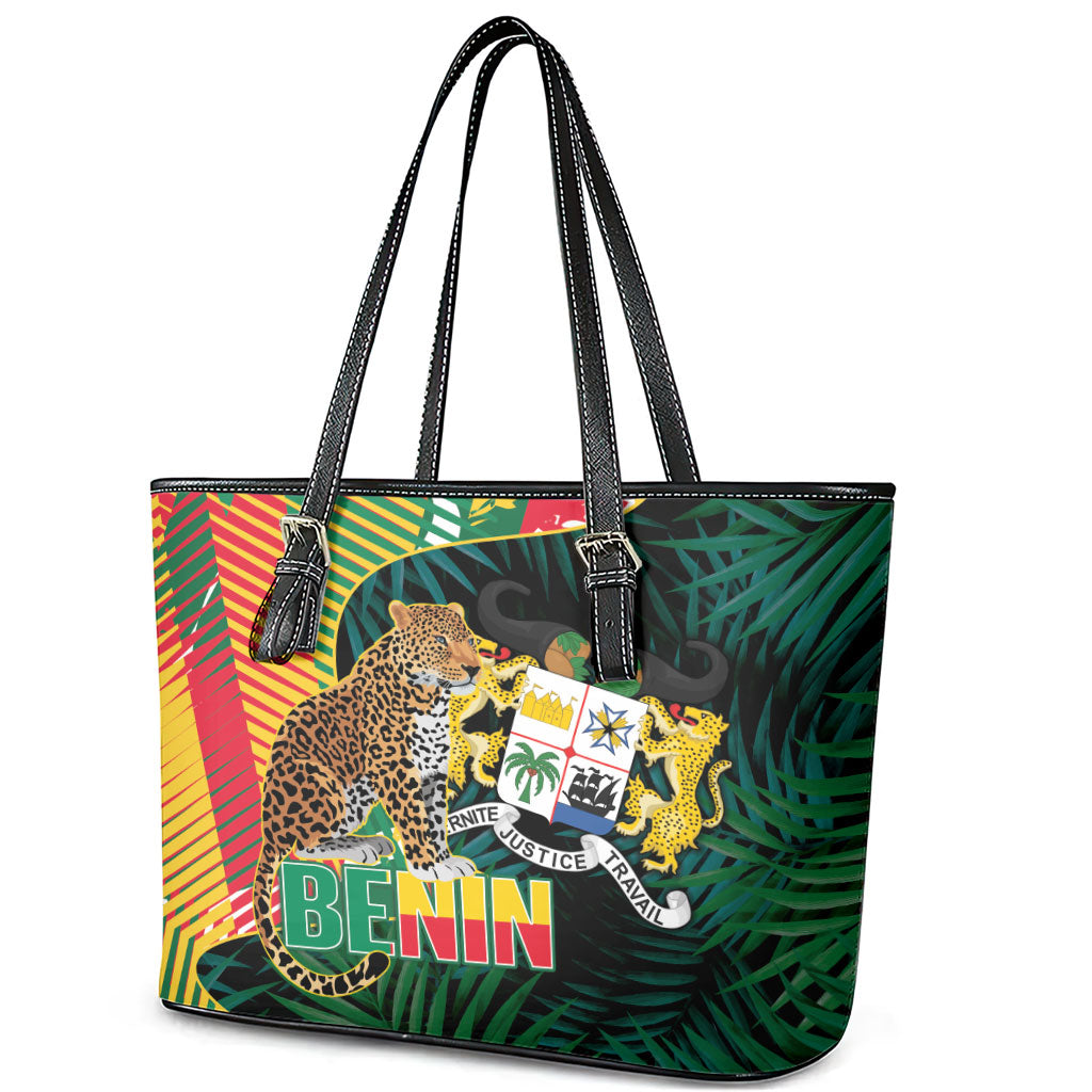 Benin Independence Day Leather Tote Bag Coat Of Arms Leopard Oil Palm Leaves