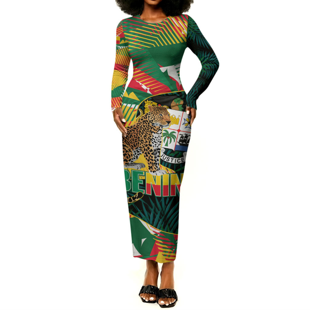 Personalized Benin Independence Day Long Sleeve Bodycon Dress Coat Of Arms Leopard Oil Palm Leaves