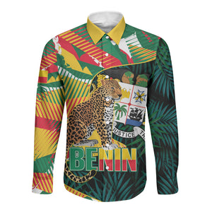 Personalized Benin Independence Day Long Sleeve Button Shirt Coat Of Arms Leopard Oil Palm Leaves