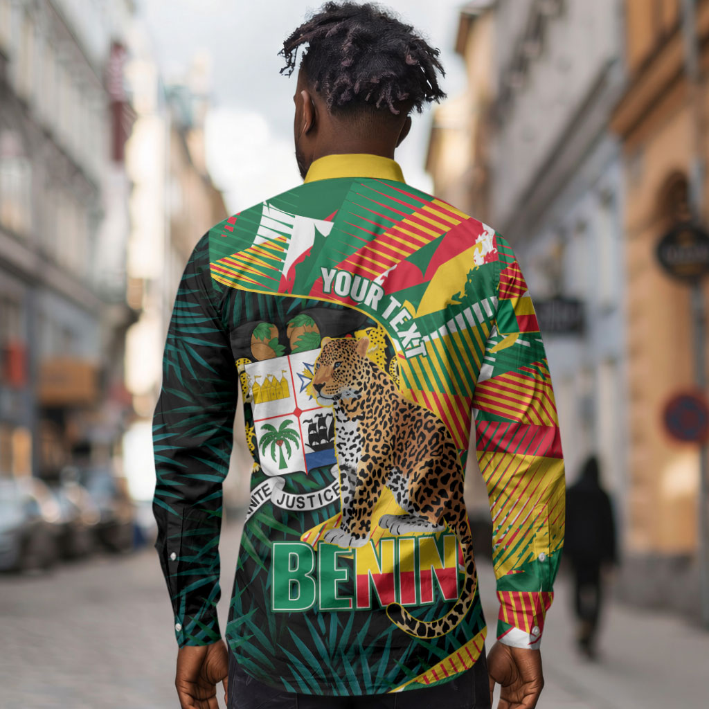 Personalized Benin Independence Day Long Sleeve Button Shirt Coat Of Arms Leopard Oil Palm Leaves