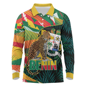 Personalized Benin Independence Day Long Sleeve Polo Shirt Coat Of Arms Leopard Oil Palm Leaves