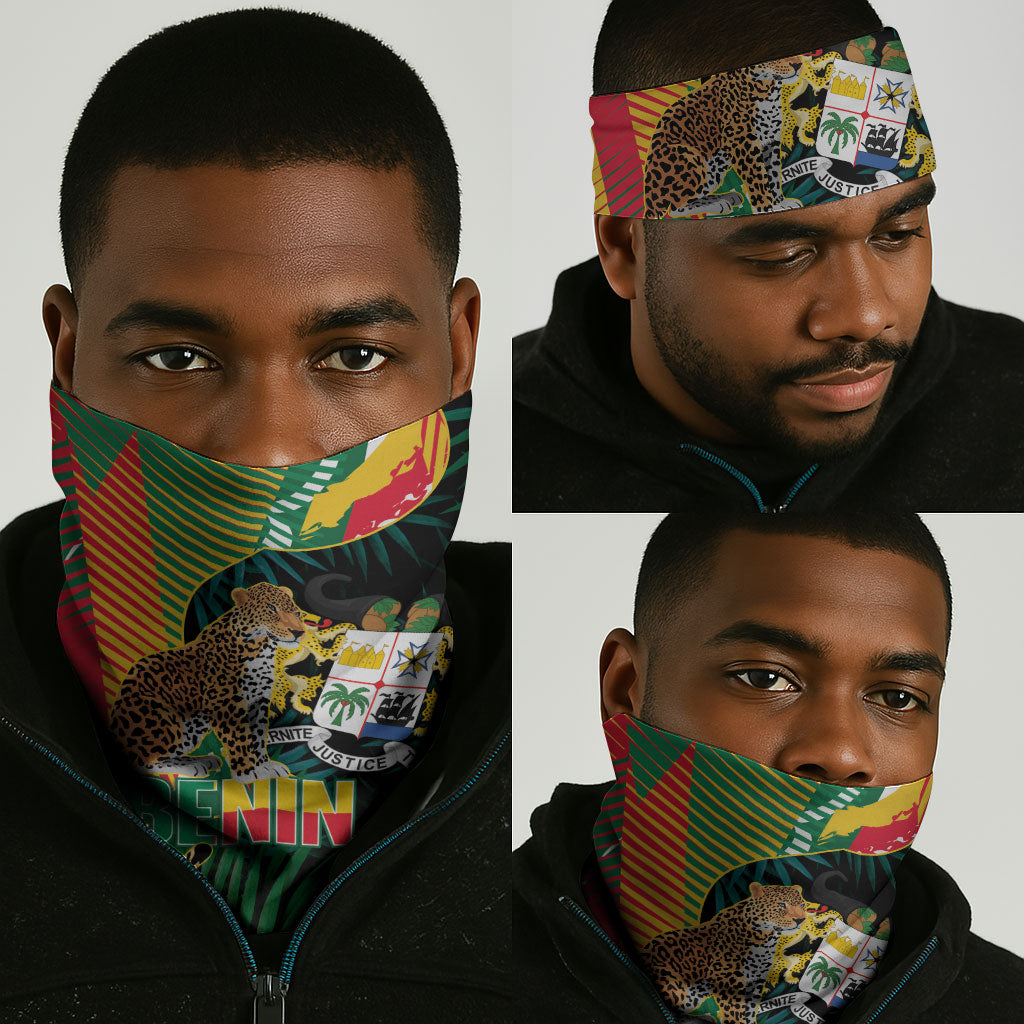 Benin Independence Day Neck Gaiter Coat Of Arms Leopard Oil Palm Leaves