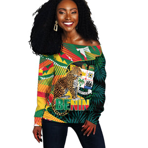 Personalized Benin Independence Day Off Shoulder Sweater Coat Of Arms Leopard Oil Palm Leaves