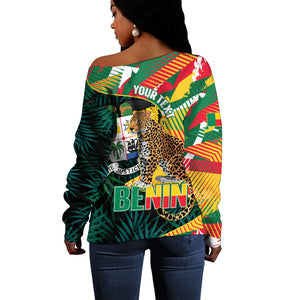 Personalized Benin Independence Day Off Shoulder Sweater Coat Of Arms Leopard Oil Palm Leaves