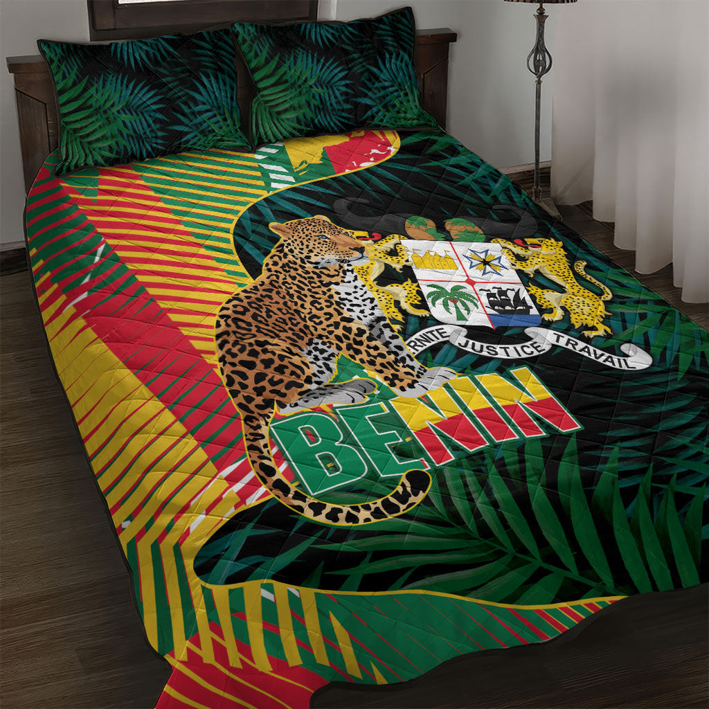 Benin Independence Day Quilt Bed Set Coat Of Arms Leopard Oil Palm Leaves