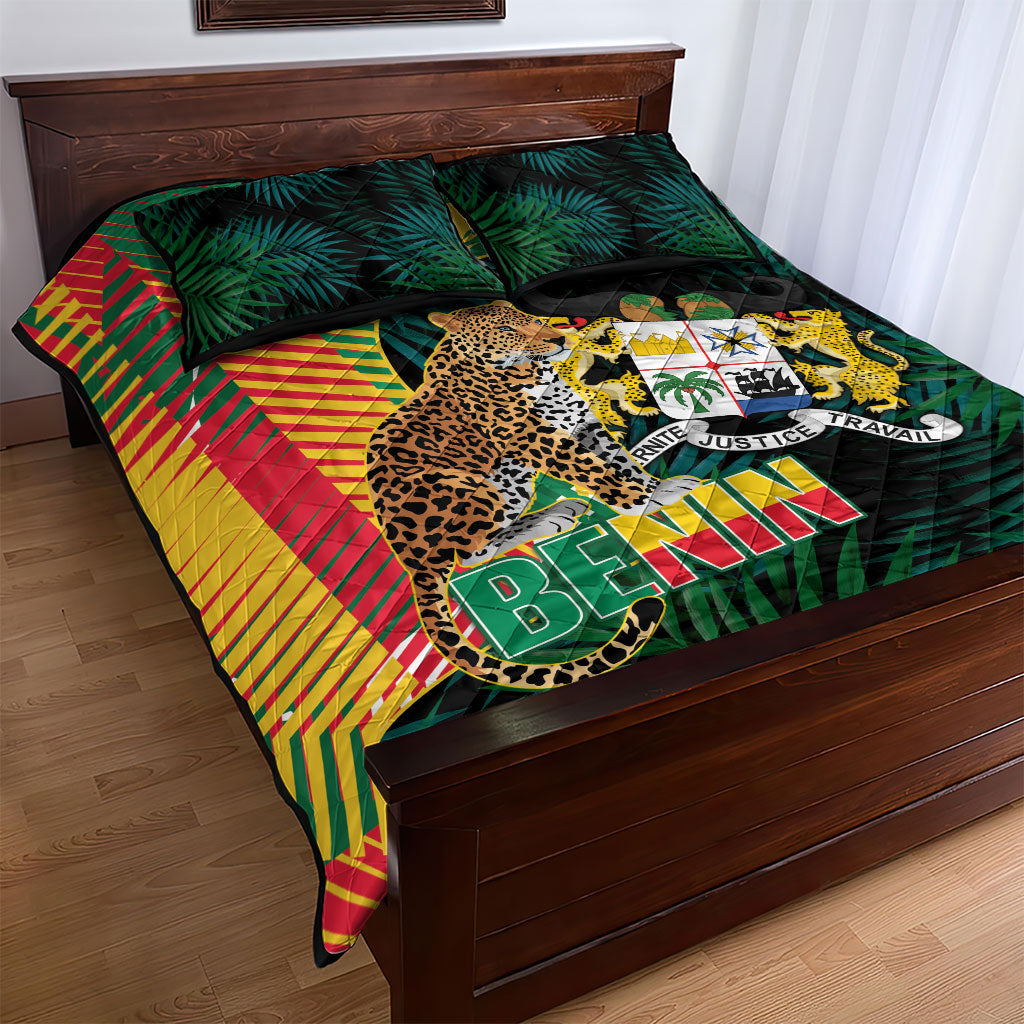 Benin Independence Day Quilt Bed Set Coat Of Arms Leopard Oil Palm Leaves