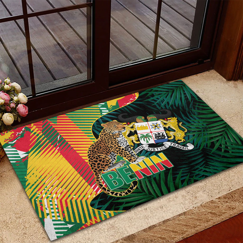 Benin Independence Day Rubber Doormat Coat Of Arms Leopard Oil Palm Leaves