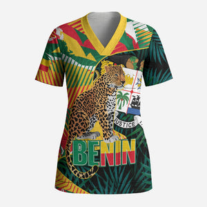 Personalized Benin Independence Day Scrub Top Coat Of Arms Leopard Oil Palm Leaves