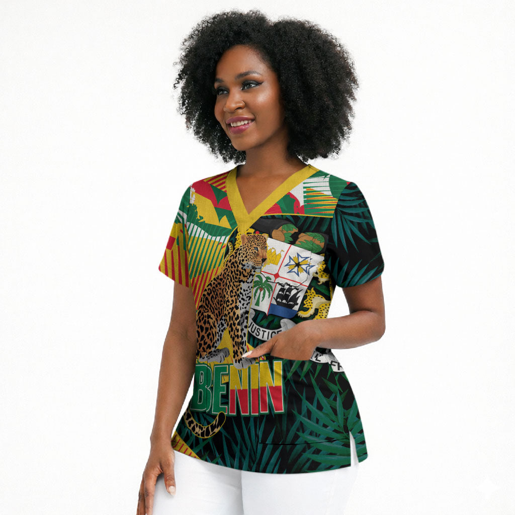 Personalized Benin Independence Day Scrub Top Coat Of Arms Leopard Oil Palm Leaves
