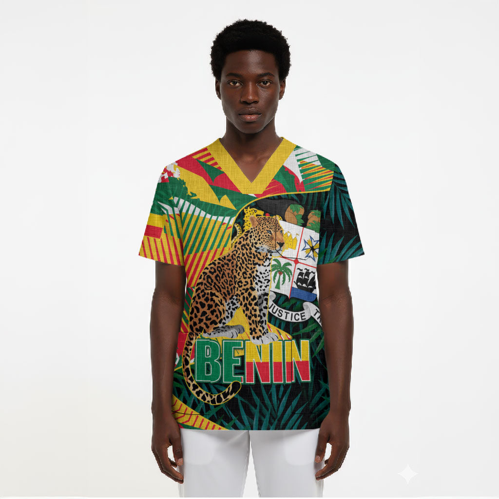 Personalized Benin Independence Day Scrub Top Coat Of Arms Leopard Oil Palm Leaves