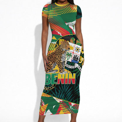 Personalized Benin Independence Day Short Sleeve Bodycon Dress Coat Of Arms Leopard Oil Palm Leaves