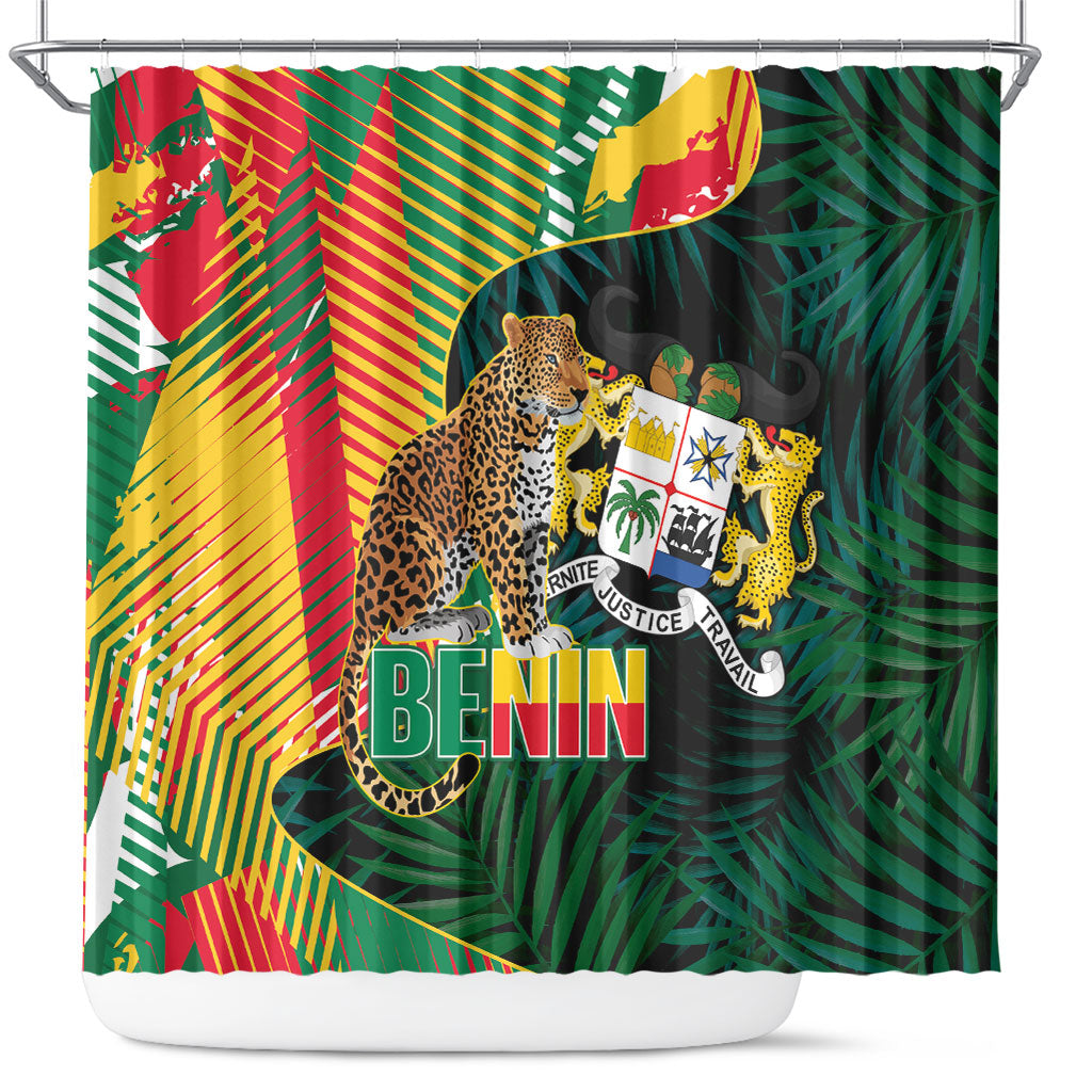 Benin Independence Day Shower Curtain Coat Of Arms Leopard Oil Palm Leaves