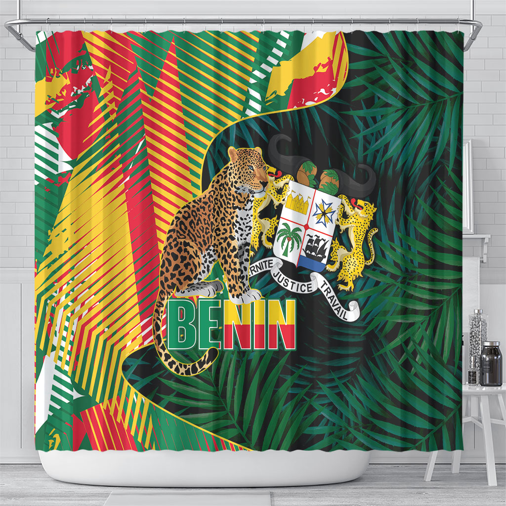 Benin Independence Day Shower Curtain Coat Of Arms Leopard Oil Palm Leaves