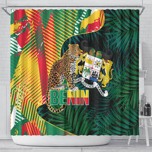 Benin Independence Day Shower Curtain Coat Of Arms Leopard Oil Palm Leaves