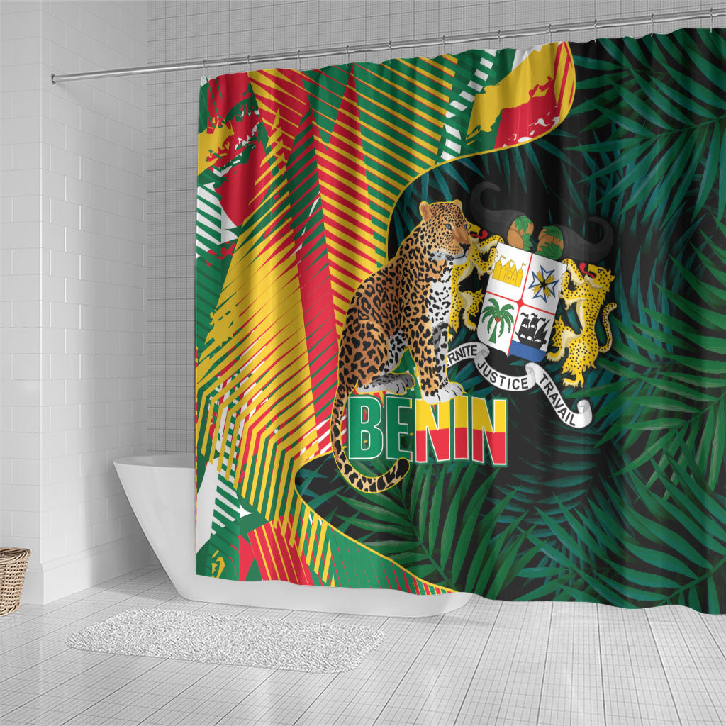 Benin Independence Day Shower Curtain Coat Of Arms Leopard Oil Palm Leaves
