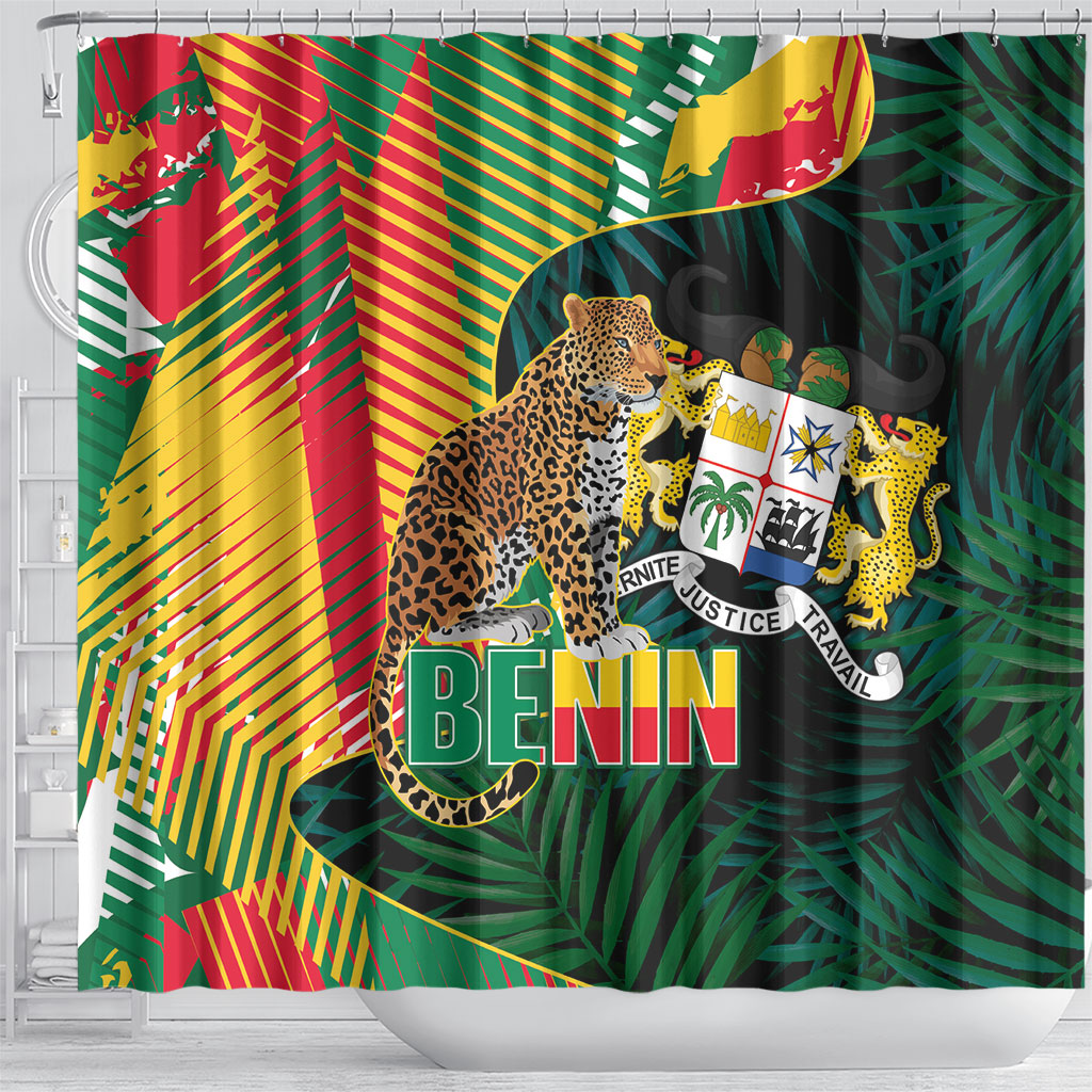 Benin Independence Day Shower Curtain Coat Of Arms Leopard Oil Palm Leaves