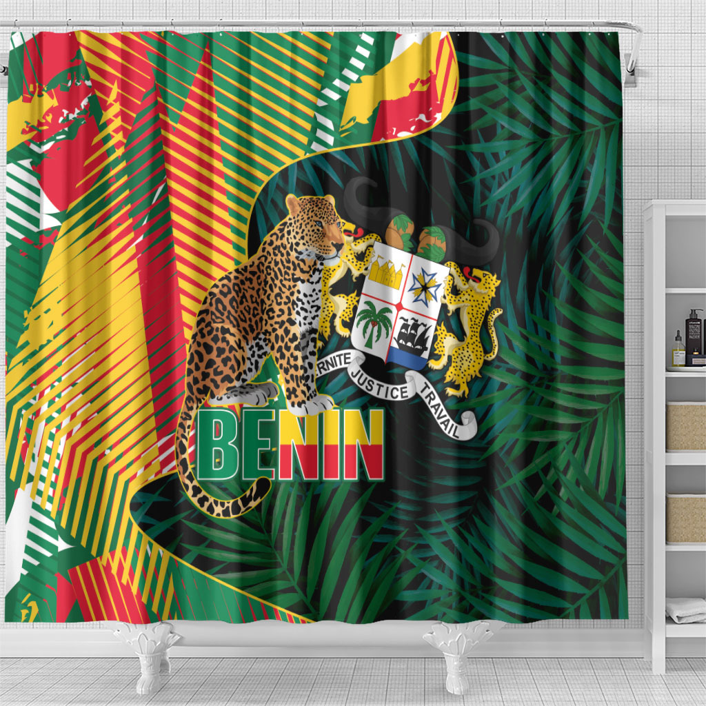 Benin Independence Day Shower Curtain Coat Of Arms Leopard Oil Palm Leaves