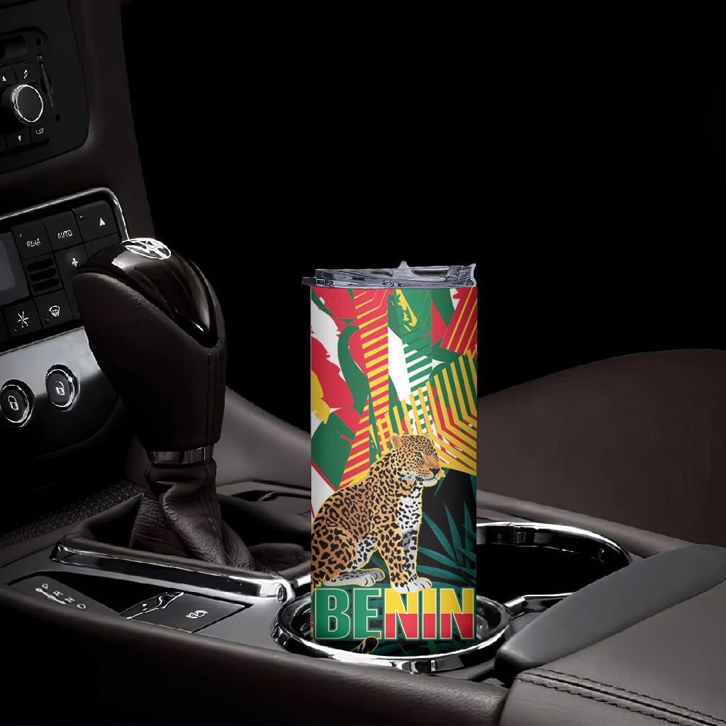 Personalized Benin Independence Day Skinny Tumbler Coat Of Arms Leopard Oil Palm Leaves