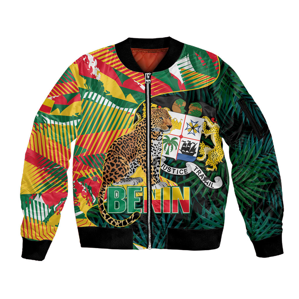 Personalized Benin Independence Day Sleeve Zip Bomber Jacket Coat Of Arms Leopard Oil Palm Leaves
