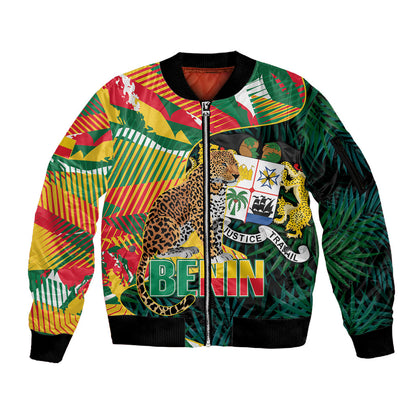 Personalized Benin Independence Day Sleeve Zip Bomber Jacket Coat Of Arms Leopard Oil Palm Leaves