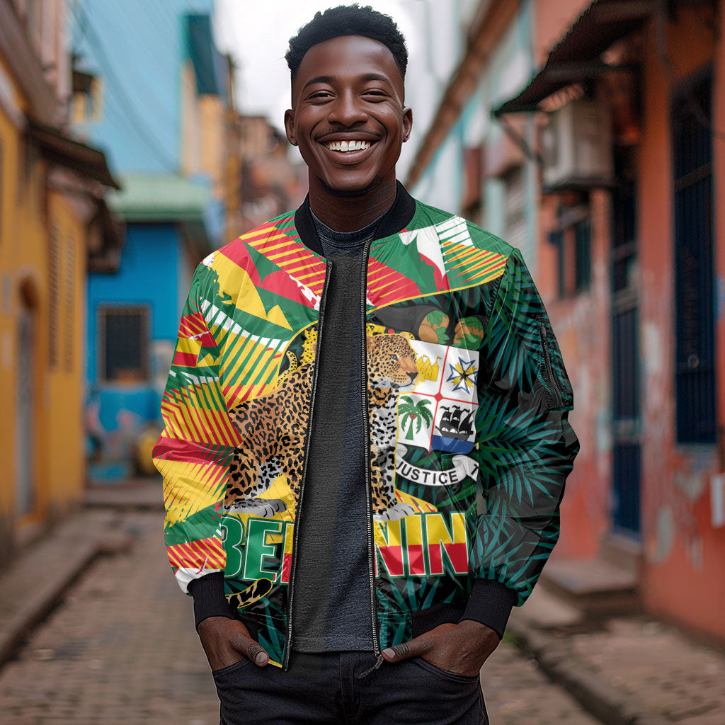 Personalized Benin Independence Day Sleeve Zip Bomber Jacket Coat Of Arms Leopard Oil Palm Leaves