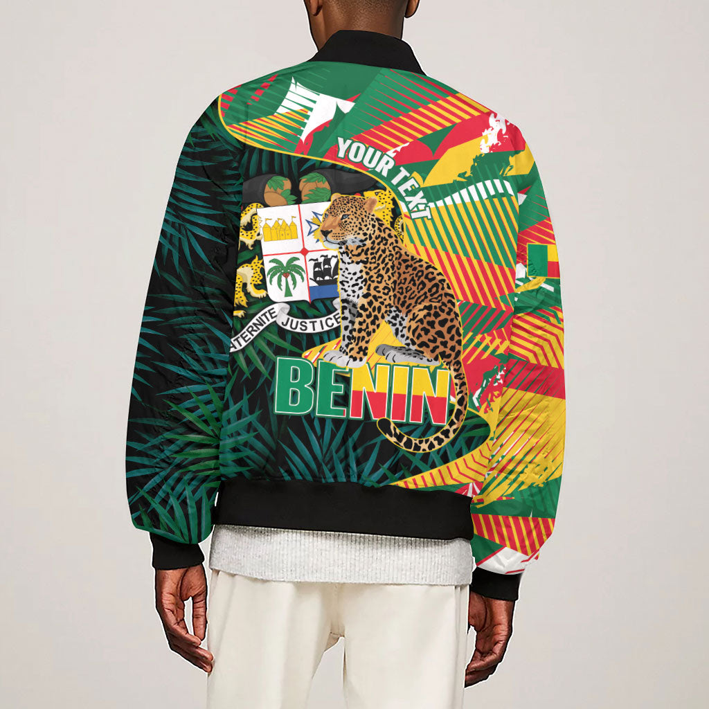 Personalized Benin Independence Day Sleeve Zip Bomber Jacket Coat Of Arms Leopard Oil Palm Leaves