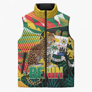 Personalized Benin Independence Day Sleeveless Puffer Jacket Coat Of Arms Leopard Oil Palm Leaves