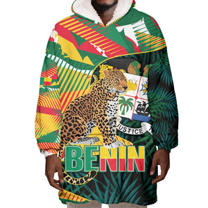 Personalized Benin Independence Day Wearable Blanket Hoodie Coat Of Arms Leopard Oil Palm Leaves