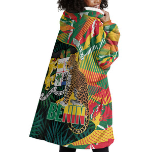 Personalized Benin Independence Day Wearable Blanket Hoodie Coat Of Arms Leopard Oil Palm Leaves