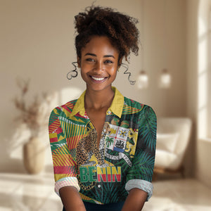 Personalized Benin Independence Day Women Casual Shirt Coat Of Arms Leopard Oil Palm Leaves