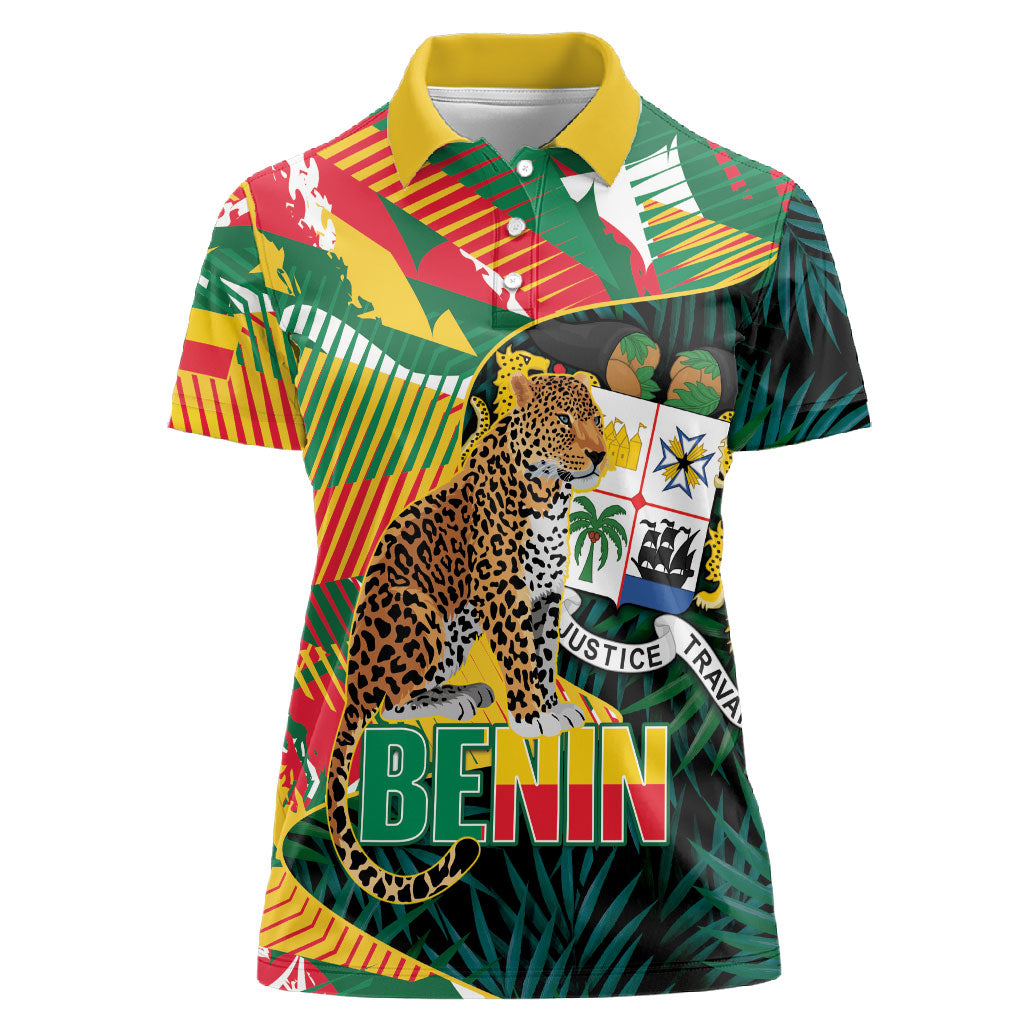Personalized Benin Independence Day Women Polo Shirt Coat Of Arms Leopard Oil Palm Leaves