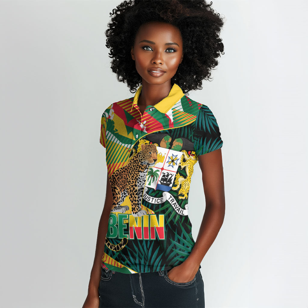 Personalized Benin Independence Day Women Polo Shirt Coat Of Arms Leopard Oil Palm Leaves