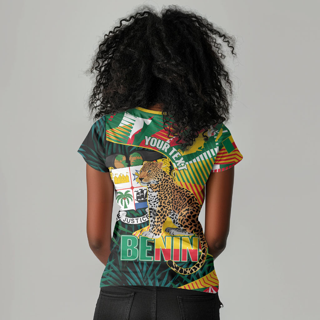 Personalized Benin Independence Day Women V-Neck T-Shirt Coat Of Arms Leopard Oil Palm Leaves