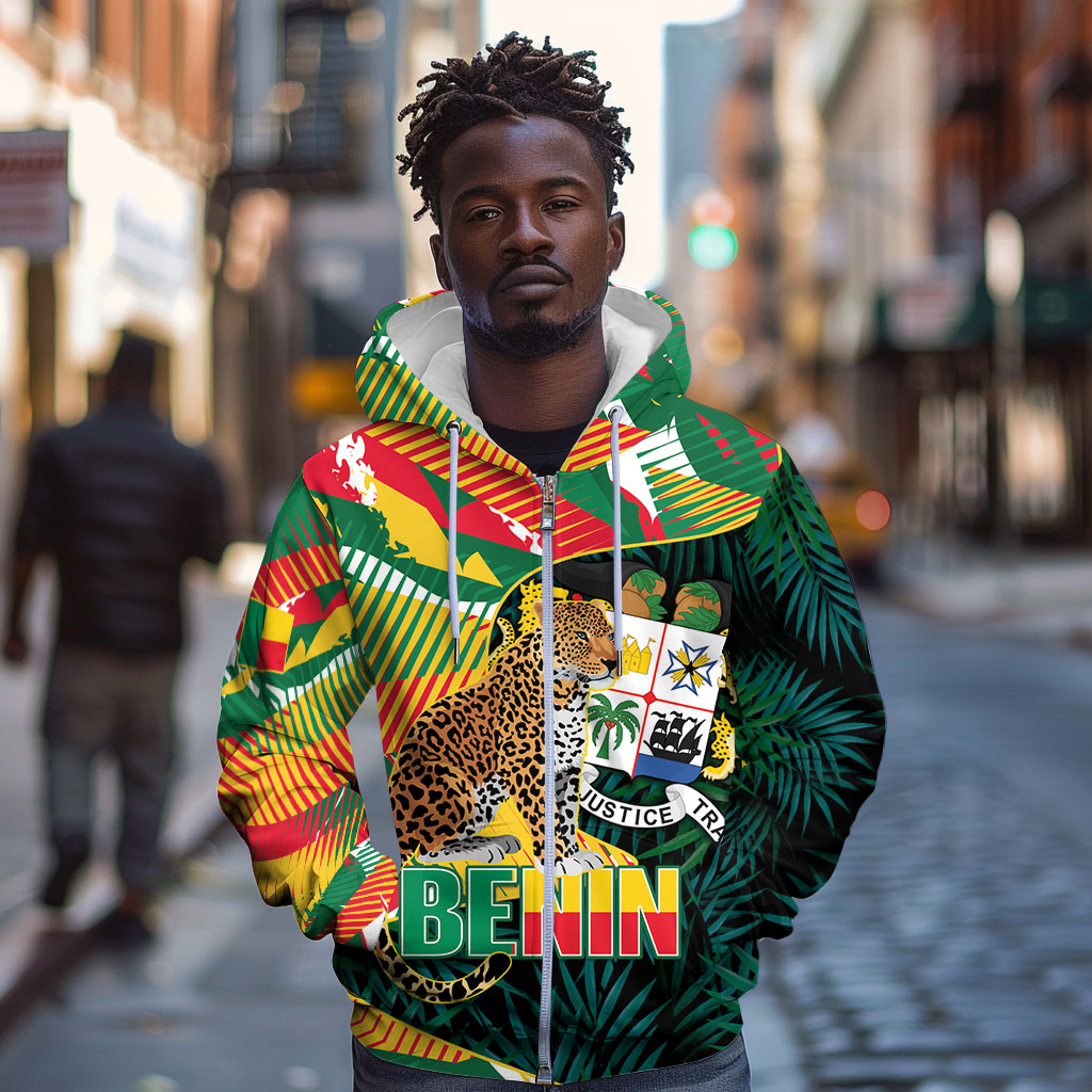 Personalized Benin Independence Day Zip Hoodie Coat Of Arms Leopard Oil Palm Leaves