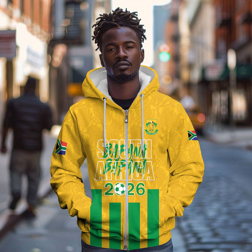 South Africa Soccer 2026 Custom Zip Hoodie Bafana Bafana Kaofela Protea Yellow