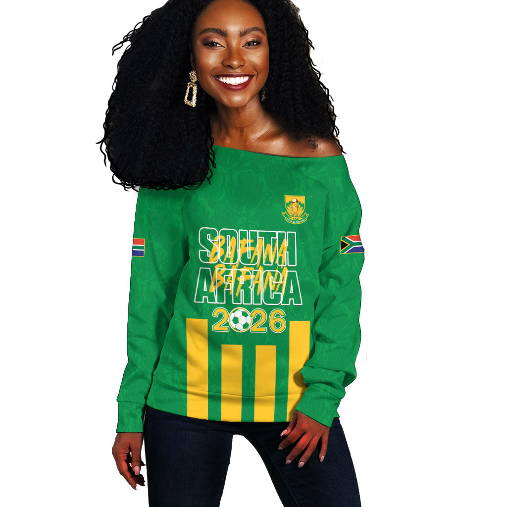 South Africa Soccer 2026 Custom Off Shoulder Sweater Bafana Bafana Kaofela Protea Green