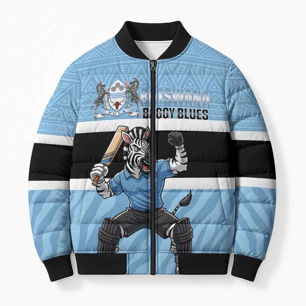Custom Botswana Cricket Bomber Puffer Jacket Go Baggy Blues Zebra Mascot