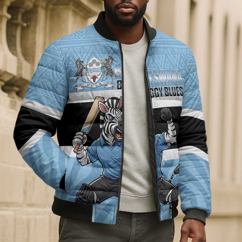 Custom Botswana Cricket Bomber Puffer Jacket Go Baggy Blues Zebra Mascot