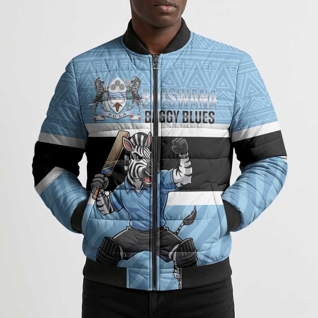 Custom Botswana Cricket Bomber Puffer Jacket Go Baggy Blues Zebra Mascot