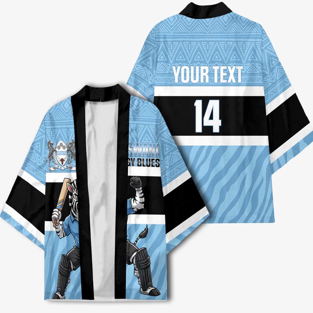 Custom Botswana Cricket Kimono Go Baggy Blues Zebra Mascot