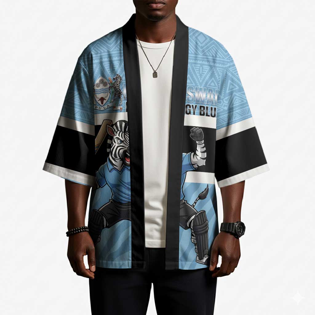 Custom Botswana Cricket Kimono Go Baggy Blues Zebra Mascot