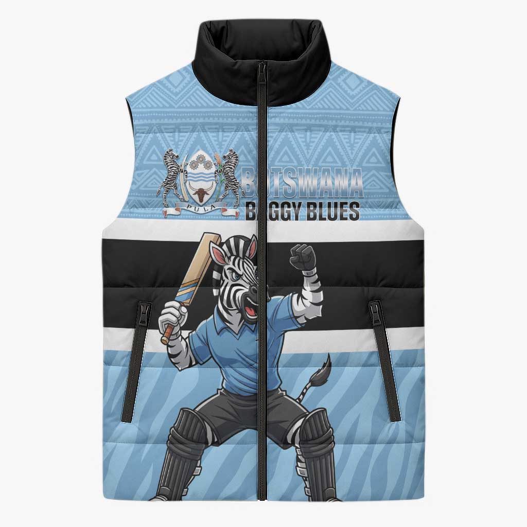 Custom Botswana Cricket Sleeveless Puffer Jacket Go Baggy Blues Zebra Mascot