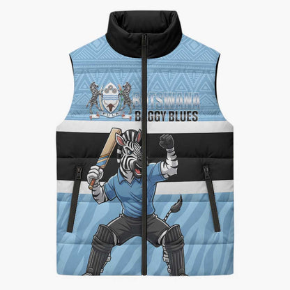 Custom Botswana Cricket Sleeveless Puffer Jacket Go Baggy Blues Zebra Mascot