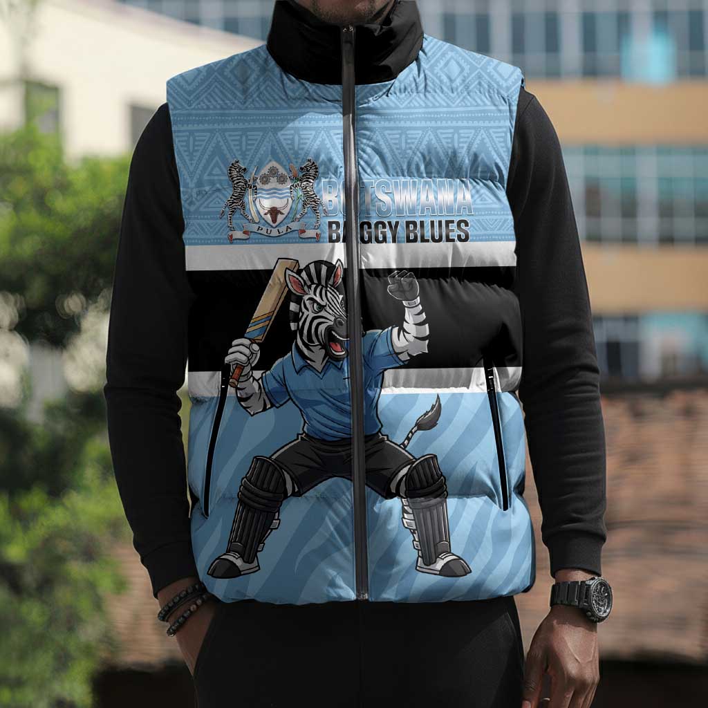 Custom Botswana Cricket Sleeveless Puffer Jacket Go Baggy Blues Zebra Mascot