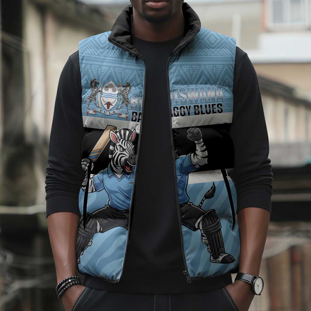 Custom Botswana Cricket Sleeveless Puffer Jacket Go Baggy Blues Zebra Mascot