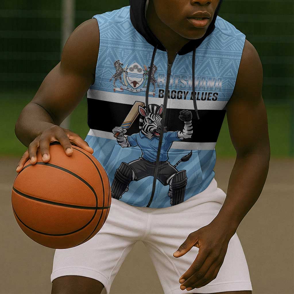 Afro Cricket Botswana Custom Sleeveless Zip Hoodie Go Baggy Blues Zebra Mascot - African Pride