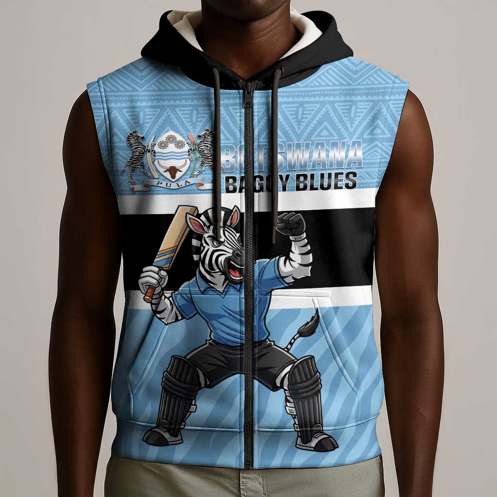 Afro Cricket Botswana Custom Sleeveless Zip Hoodie Go Baggy Blues Zebra Mascot - African Pride
