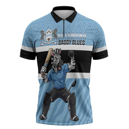 Custom Botswana Cricket Zipper Polo Shirt Go Baggy Blues Zebra Mascot