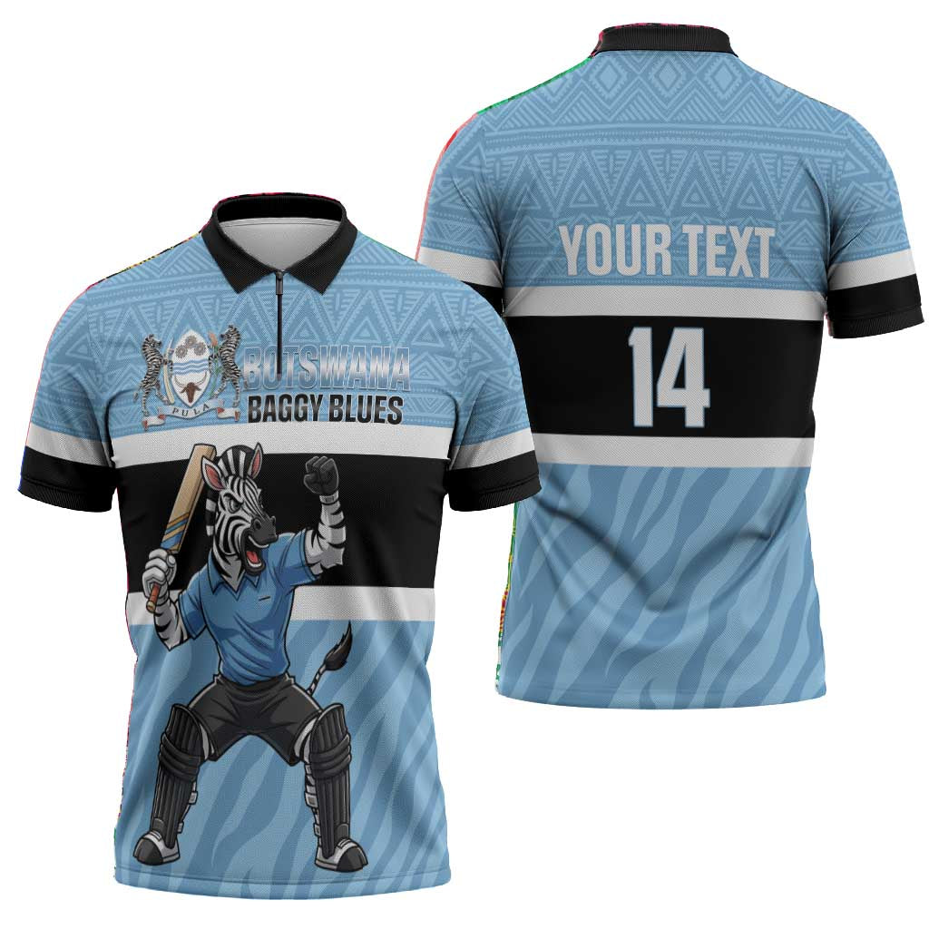 Custom Botswana Cricket Zipper Polo Shirt Go Baggy Blues Zebra Mascot