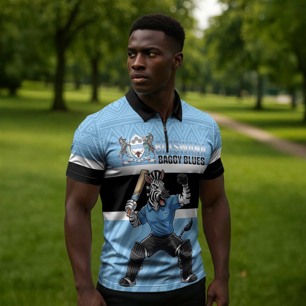 Custom Botswana Cricket Zipper Polo Shirt Go Baggy Blues Zebra Mascot